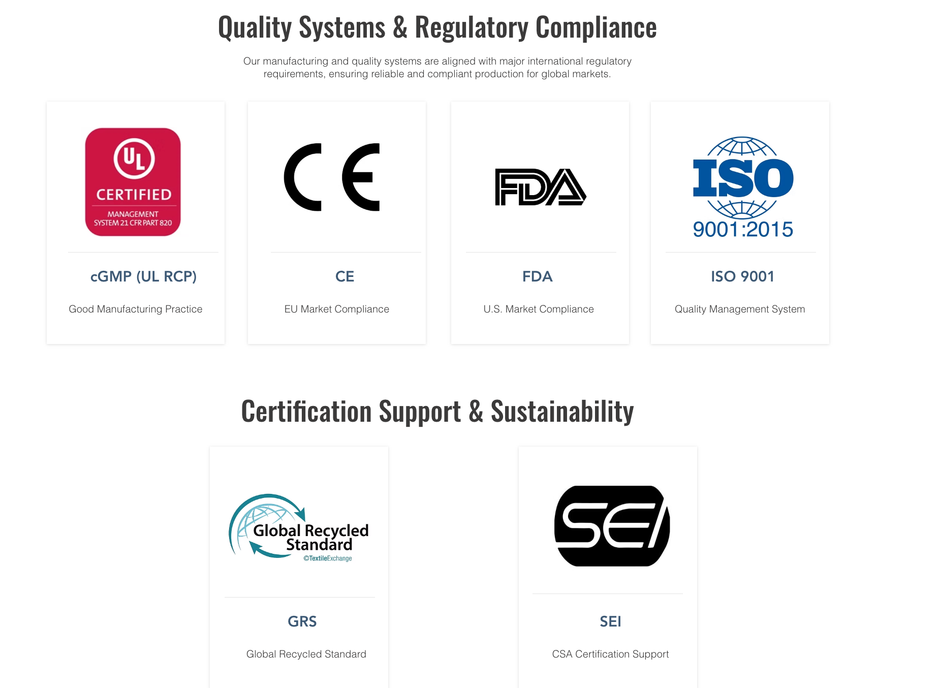 Certifications - cGMP (UL RCP), CE, FDA, ISO 9001, GRS, SEI